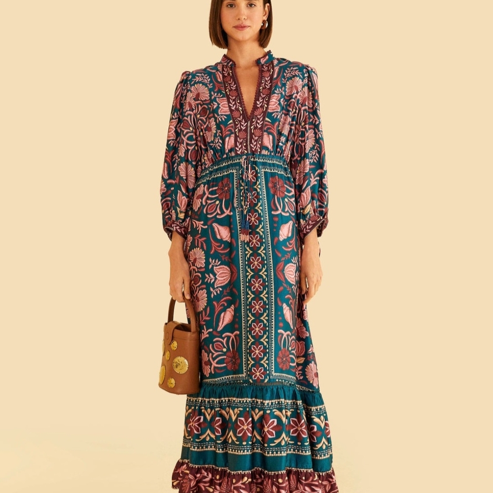 FARM Rio Blue Ruffled Tiered Gown with Bishop Sleeves